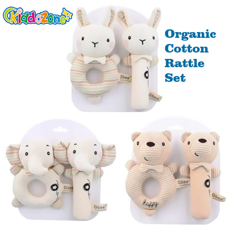KiddoZone 2PCS Baby Rattle Kids Organic Cotton Soft Extrusion Rattle Cute Animal Appease Hand Rattle Plush Hand Holding Bell Toy BB Sound Educational Toys for 0-3 Year Boy Girls Baby